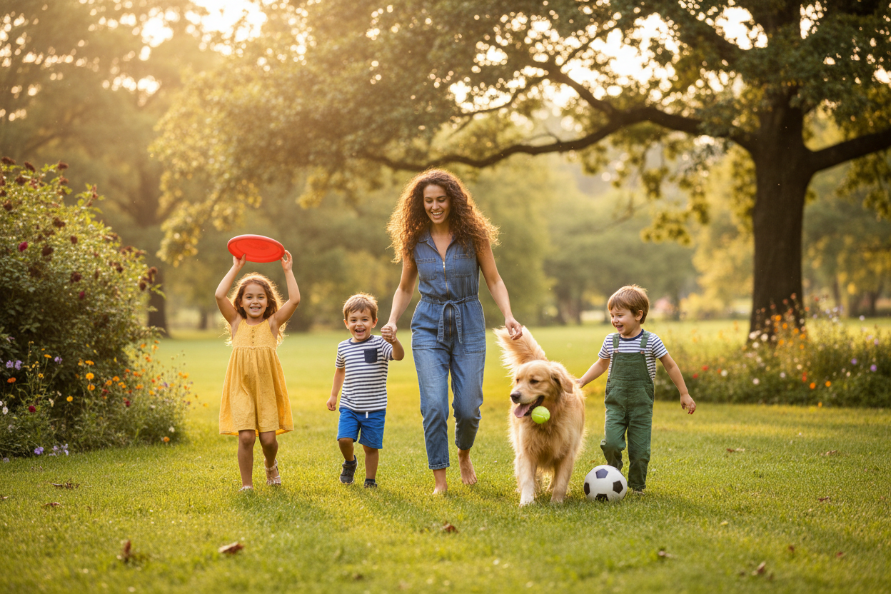 playing kids or ault girls with pet